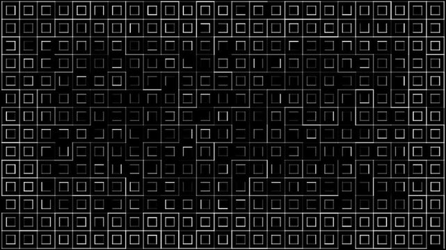 Seamless loop motion background (7s total: 1.5s fade, 4s seamless loop, 1.5s fade) featuring abstract white square pixel frames and data grid graphics for technical cyber aesthetics editing.
