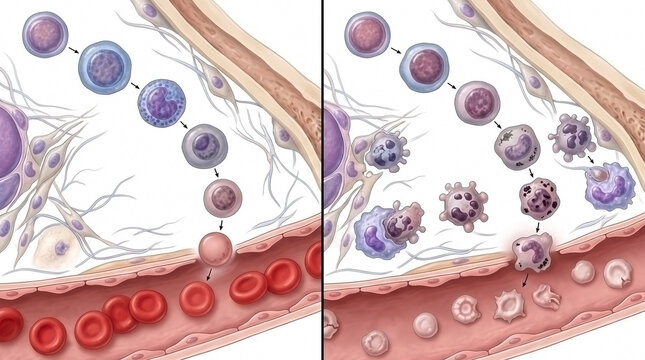 Medical illustration showing the process of leukocyte diapedesis through a blood vessel wall with white blood cells