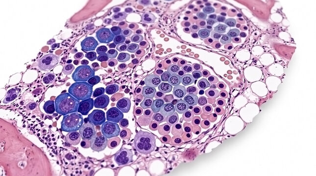 Microscopic view of bone marrow tissue histology showing hematopoietic cells and adipocytes with fat cells histology pathology