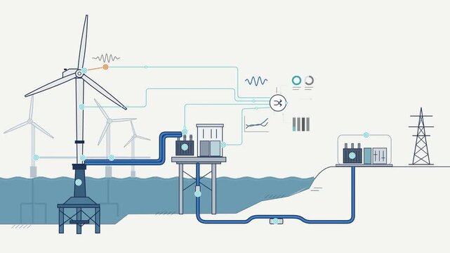 Sustainable Energy System Illustration featuring Offshore Wind Turbines and Hydrogen Energy Storage and Distribution