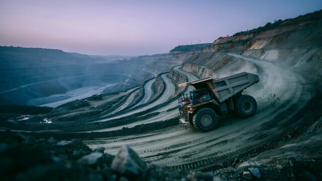 Heavy-duty mining dump truck on rugged terrain in an open-pit quarry