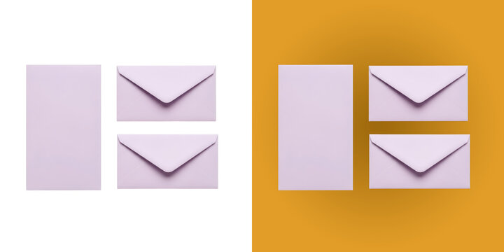 Top view of three light purple envelopes on split white and orange surface