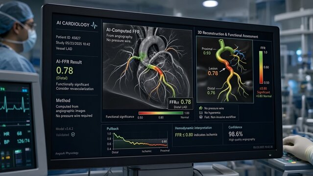 Cardiac cath lab monitor displaying ai computed fractional flow reserve ffr from angiographic images without pressure wire, with zoomed inset showing 3d reconstruction and functional assessment