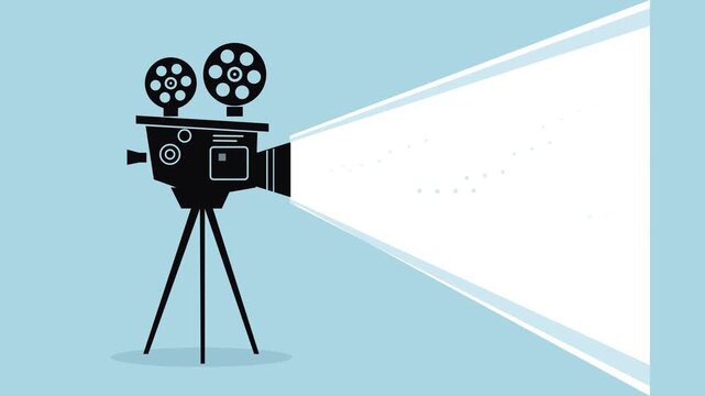 Retro Cinema Movie Projector Flat Illustration Projecting a Bright Light Beam on a Blue Background for Entertainment and Media