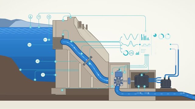 Hydroelectric Power Plant Schematic Diagram Showing Water Flow and Energy Generation Process