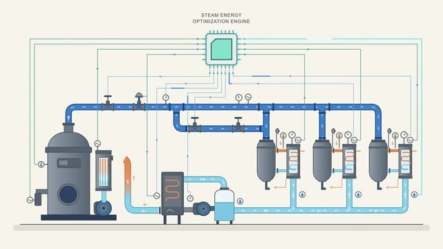 Technical schematic illustration of a thermal energy storage and steam power optimization system for industrial engineering