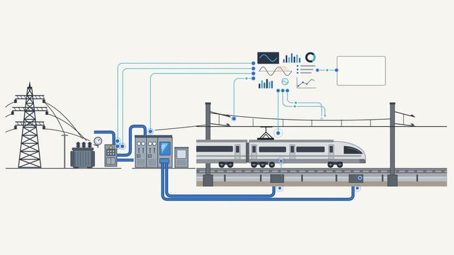 Schematic illustration of high-speed railway electric power distribution system with transmission tower and monitoring control panel