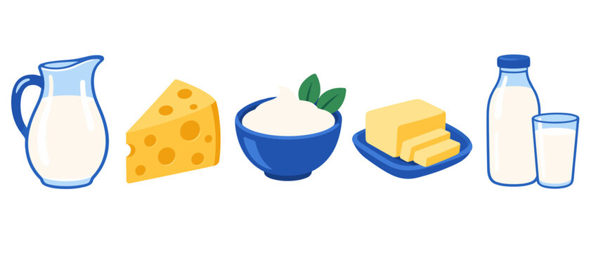 Milk, cheese, butter and yogurt dairy food collection