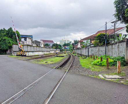 Railway tracks crossing a quiet asphalt road in central Bogor, running between a concrete fence and grassy verge, with trees, rooftops and an overcast sky stretching across the urban skyline.