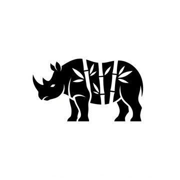 Minimalist silhouette logo of a Javan rhinoceros standing in profile with bamboo stalks