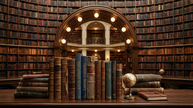 Stack of old antique books in front of a large traditional library with many shelves and lights