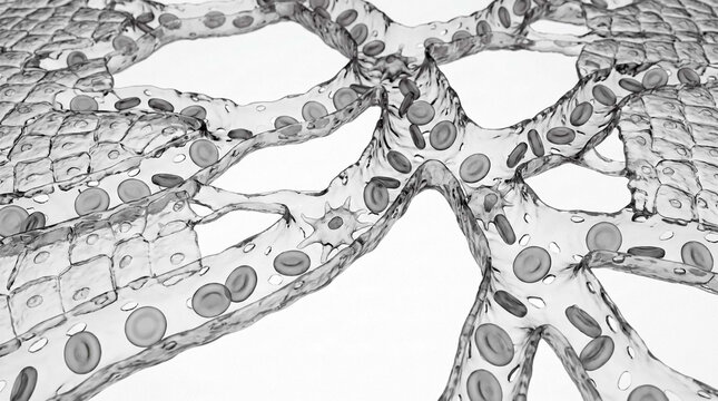 Black and white microscopic view of lung alveolar tissue structures with red blood cells respiratory system gas exchange