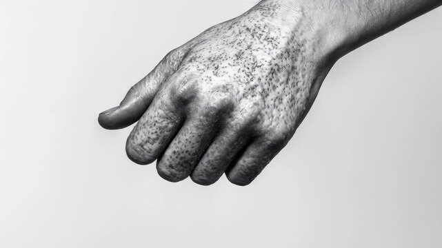 Close-up of a human hand with rough, grainy skin texture