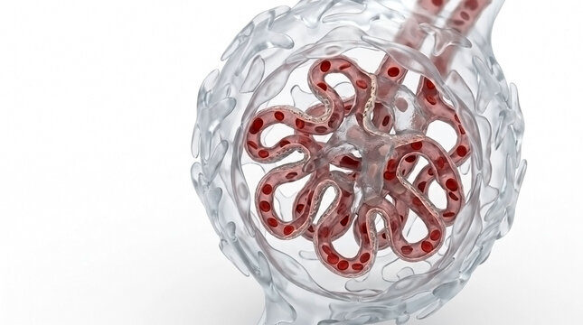 Transparent 3D model of a nephron glomerulus highlighting capillary loops with excretory system human organ internal organ