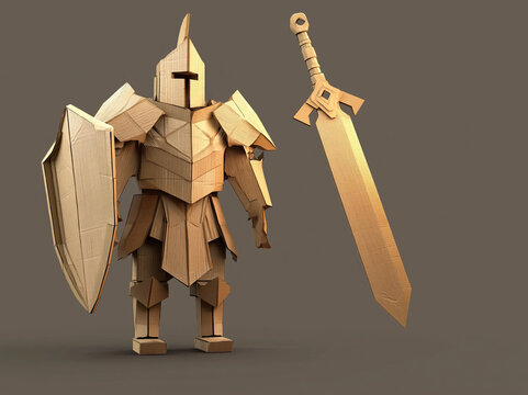 Cardboard armor knight model, three-dimensional, upright position, helmet, breastplate, pauldrons, leg guards, long sword, beige and brown colors, no text or logo, neutral gray backgrou - AI-Generated