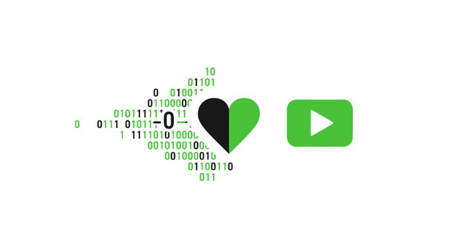 Conceptual Illustration of Binary Code Data Heart and Video Play Button on White Background