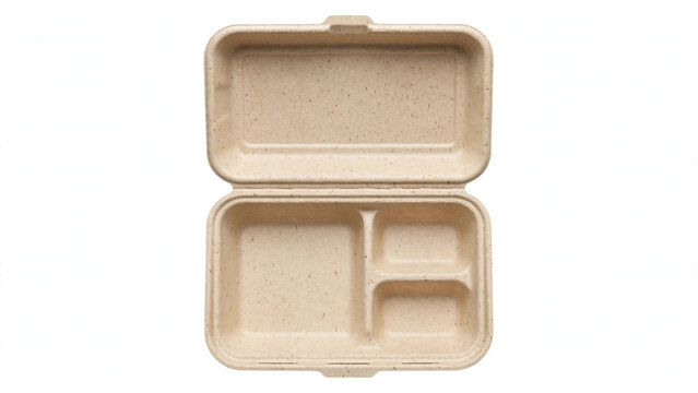  Compostable bento box three compartments open bagasse isolated white