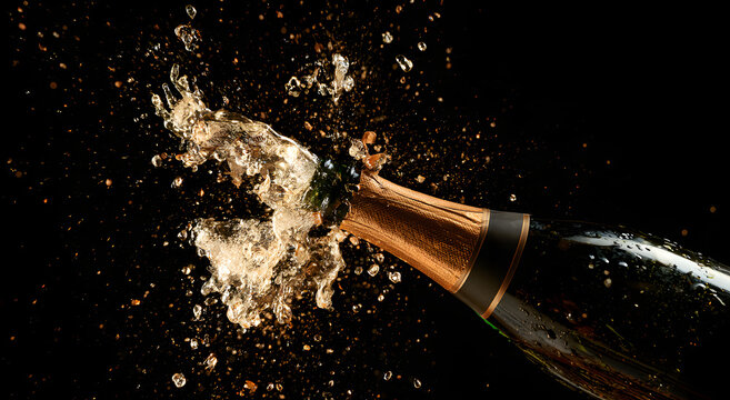 Concept for the new year party with a bottle exploding with champagne