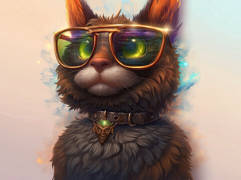 Digital rendering of a realistic cat in glasses, with amulet on collar against a vibrant, cosmic background - AI-Generated