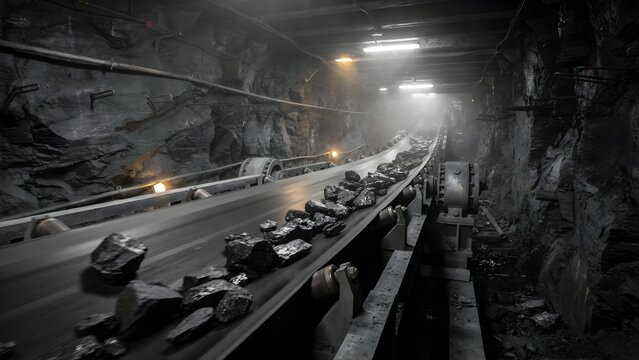 Underground tunnel with moving conveyor belt, rocks, and lighting, inside a mining operation