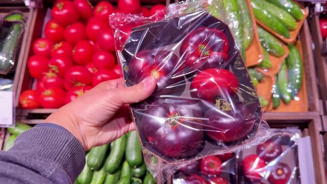 Red and Black Tomatoes on Display in Supermarket Vegetable Section &ndash; Assorted Dark and Bright Varieties on Shelf