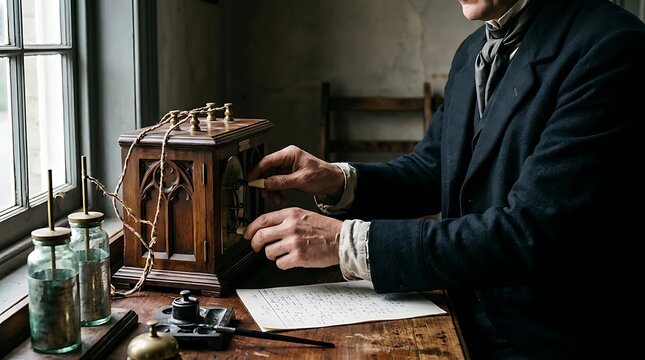 Victorian office clerk operating telegraph device brown wooden desk period attire setting.