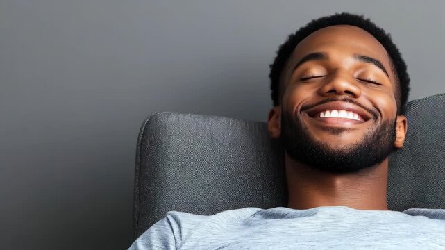 Close-up of a smiling Black man with a beard and eyes closed