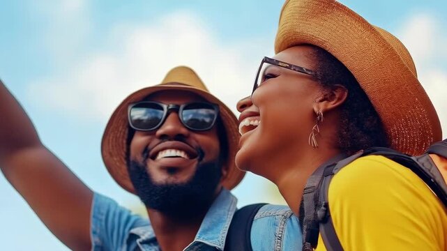 Happy Black Couple Laughing and Traveling Together Outdoors