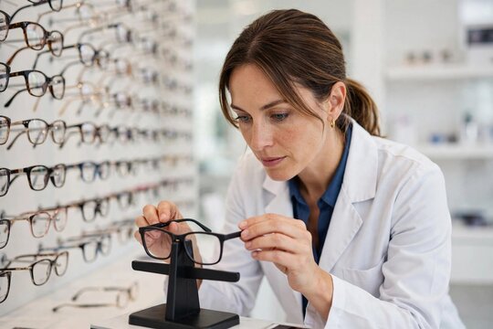 Female optician adjusting eyeglasses on display stand