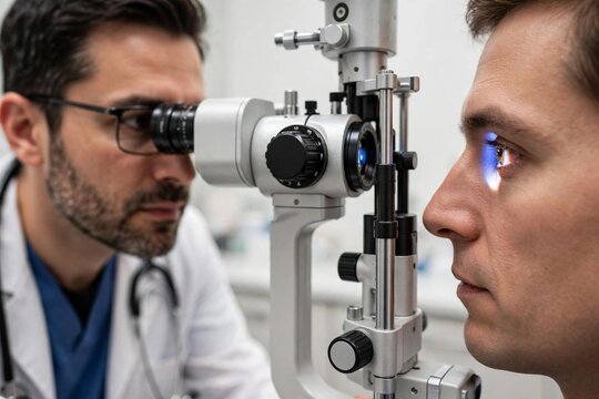 Eye doctor examining patient with slit lamp microscope