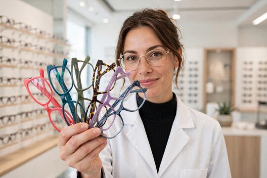 Optometrist showing colorful eyeglass frames to camera