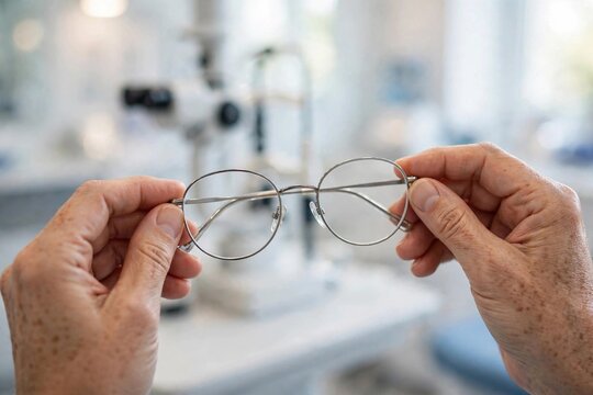 Close-up of hands holding eyeglasses in eye clinic