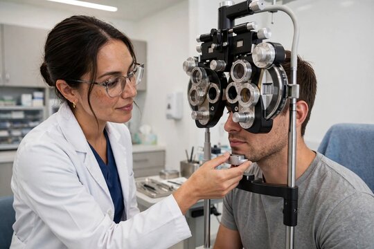 Eye doctor guiding patient on phoropter machine exam