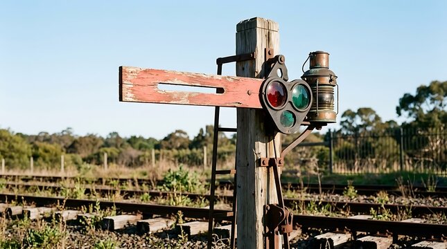 Vintage railway semaphore signal with weathered wood post and red arm for train direction.