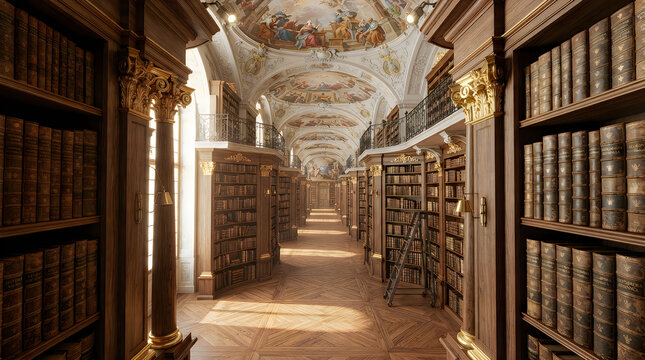 Beautiful interior of an old historic library with tall wooden bookshelves and warm sunlight