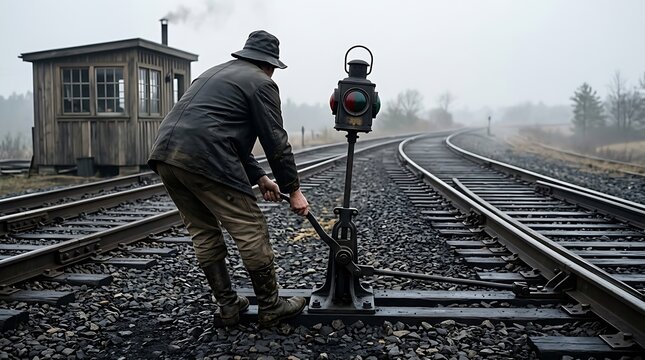 Railway worker operating manual ground lever for track switching in misty morning weather.