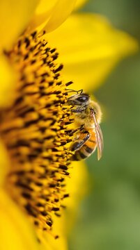 Macro shot of honeybee collecting pollen on bright yellow sunflower