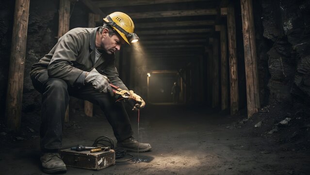 Miner Inspecting Equipment Inside Dark Underground Tunnel with Helmet