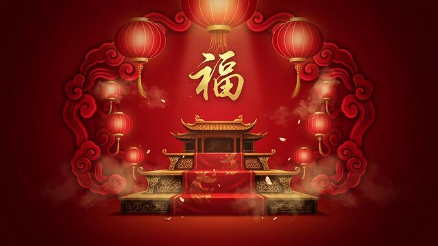 Elegant chinese new year celebration background with lanterns and golden calligraphy