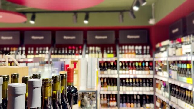 Assorted Alcohol Bottles on Display in Wine Section &ndash; Variety of Wine, Spirits and Liquor on Store Shelves