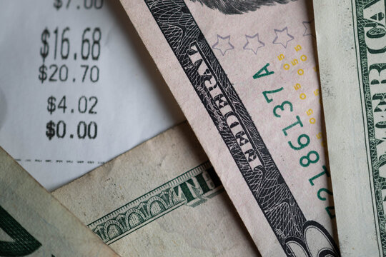 Receipt close up, paying, being, Macro close up paper texture dollar bills background, money, finances, stock market background