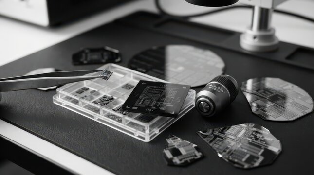 Silicon wafer shards, chiplet dies, photomask plate, tweezers, and microscope objective on a black workbench