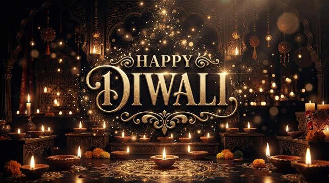 Golden happy diwali text surrounded by blurred lights and traditional oil lamps
