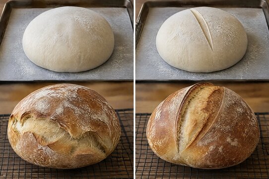 Round artisan bread dough before scoring and baked loaves with scored crusts