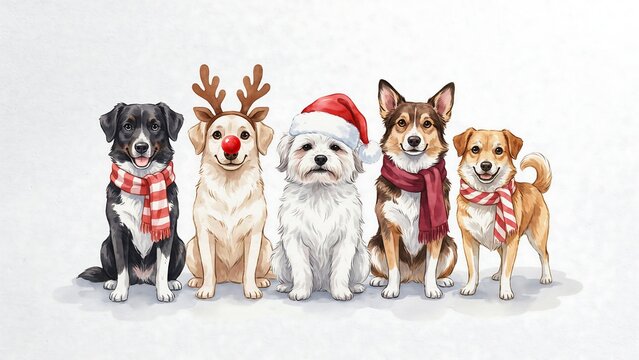Festive dogs wearing winter clothing and reindeer antlers in a group portrait