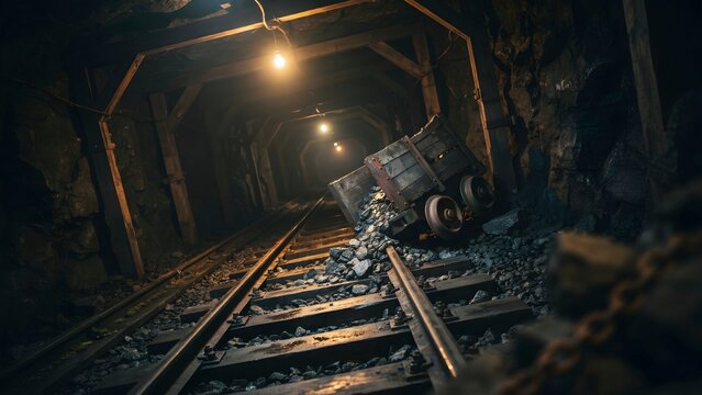 Mining Cart Falling Off Railway Tracks Inside Deep Tunnel with Lights