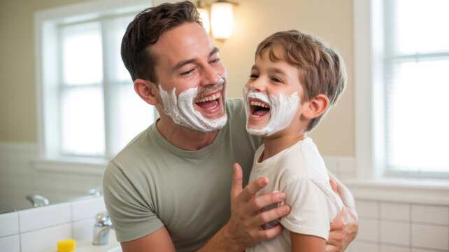 Happy father and son laughing with shaving foam on their faces