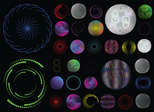 Collection of vector design elements. Set of logos with lines, spirals and circles. Various forms of line and dots design.Vector logo collection. Bundle of circle icons and elements. Set of lines art.