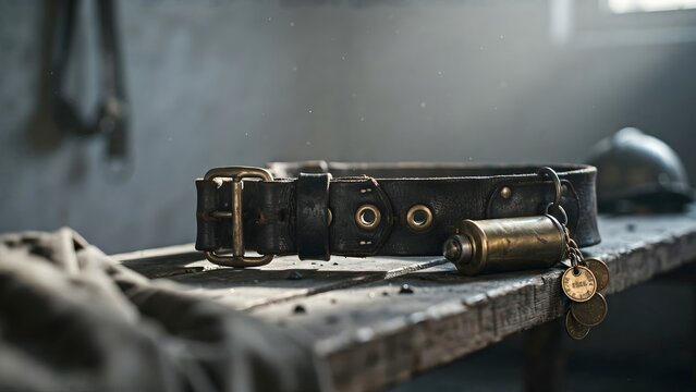 Old Leather Belt with Metal Buckle and Coin Fob on Rustic Wood Surface