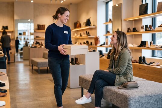 A store employee hands a box of shoes to a customer seated on a bench. The store features various footwear displayed on shelves. The scene captures a